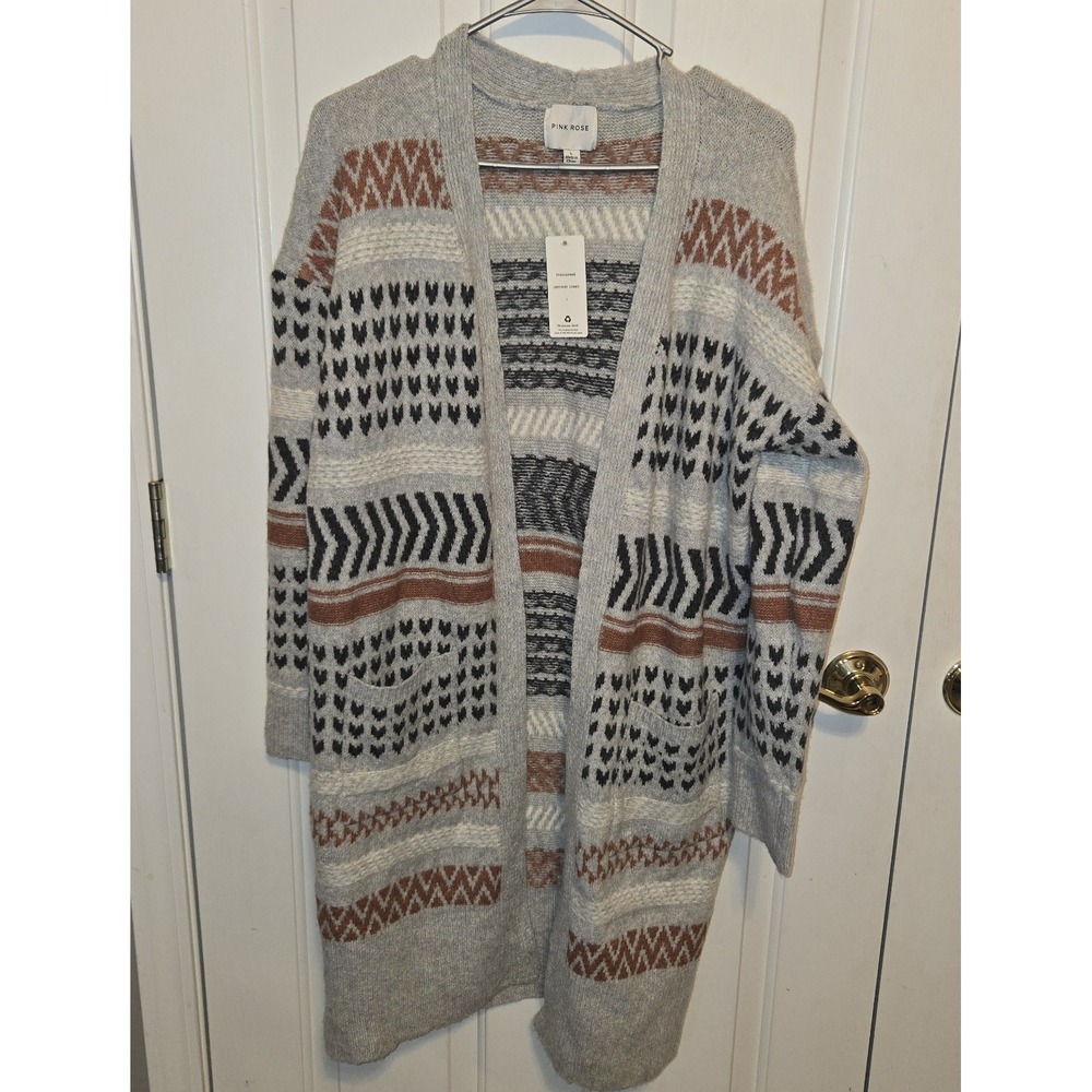 Pink Rose Women Large Grey Fair Isle Geometric‎ Open Front Duster Cardigan